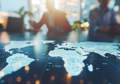 Business people discussing global strategy with world map on table.